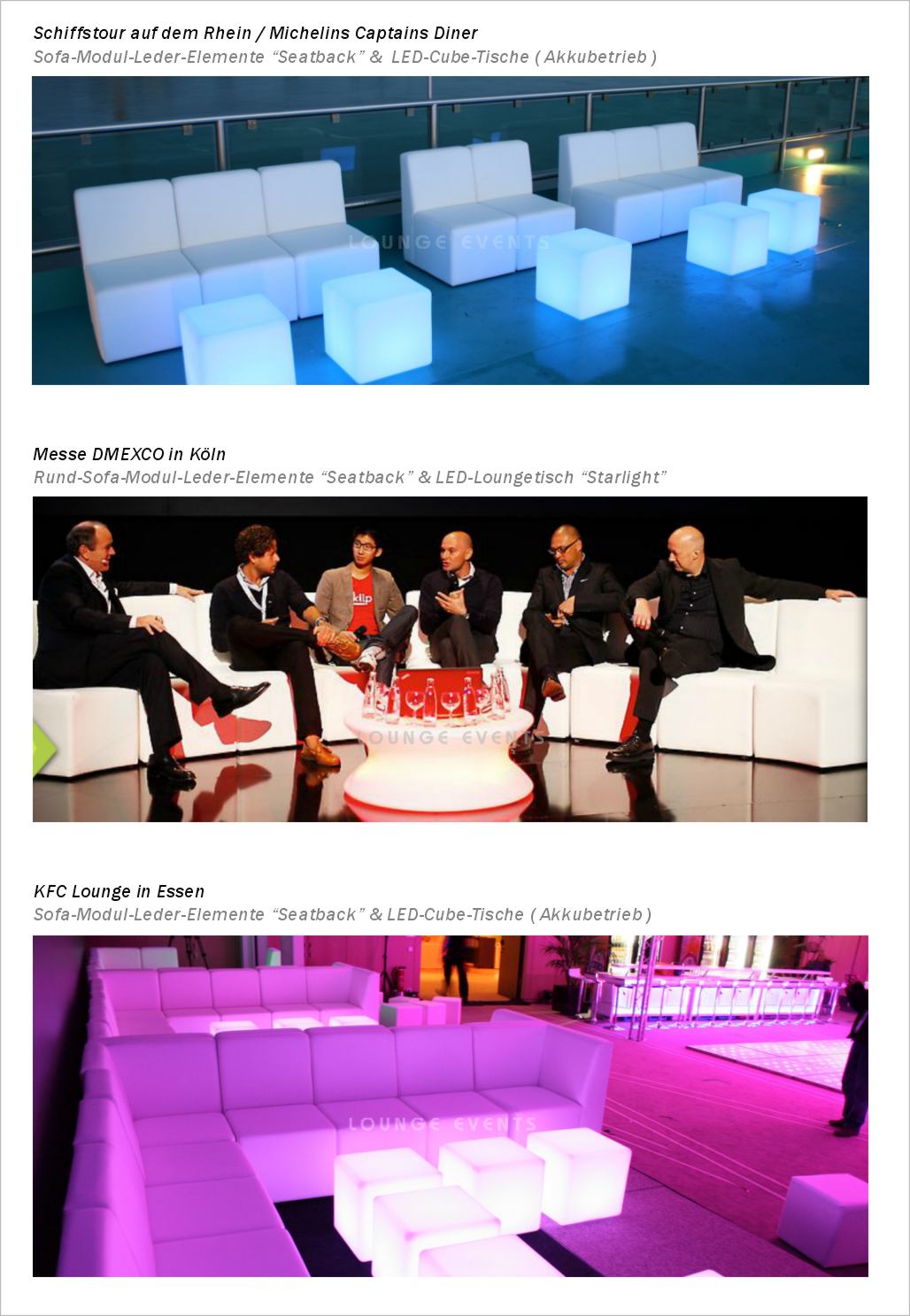 LOUNGE EVENTS Mietmöbel Loungemöbel mieten LED Möbel Verleih Vermietung