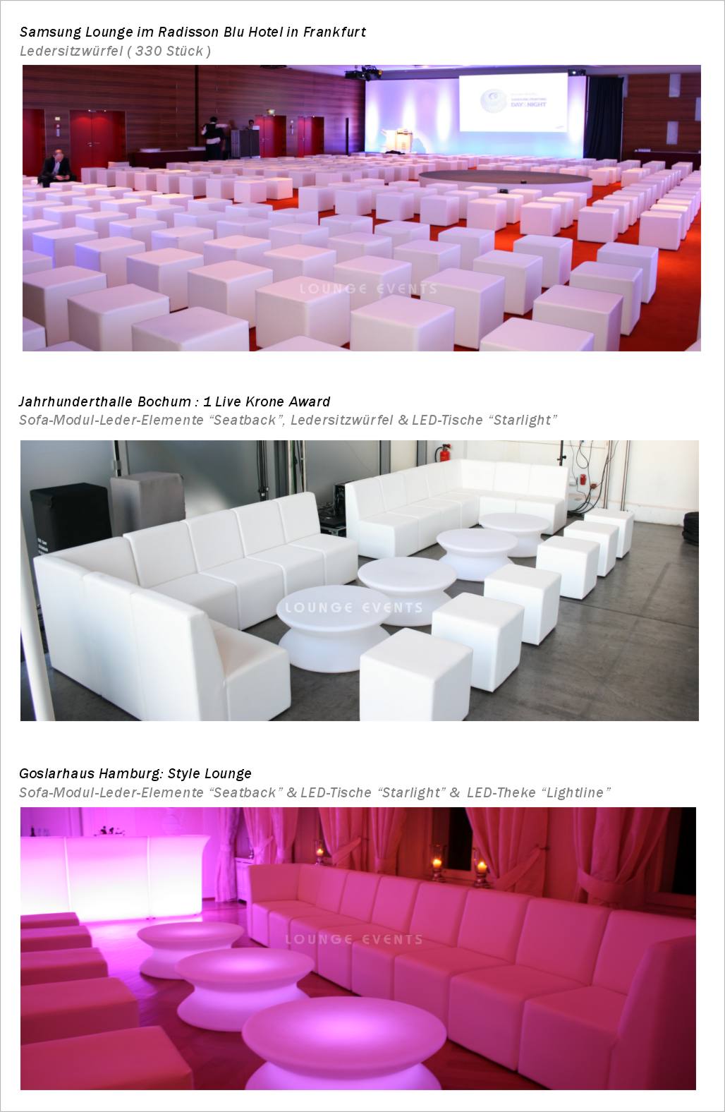 LOUNGE EVENTS Mietmöbel Loungemöbel mieten LED Möbel Verleih Vermietung